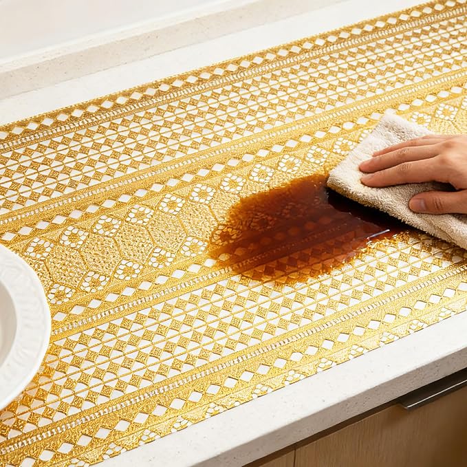 Drawer and Shelf Liner - Gold Geometric Lace Pattern,Non Adhesive | Non Slip Waterproof Easy-Clean Shelf Liner for Kitchen Cabinet, Bathroom, Pantry Storage Drawers, 17 in x 30 Ft - Image 9