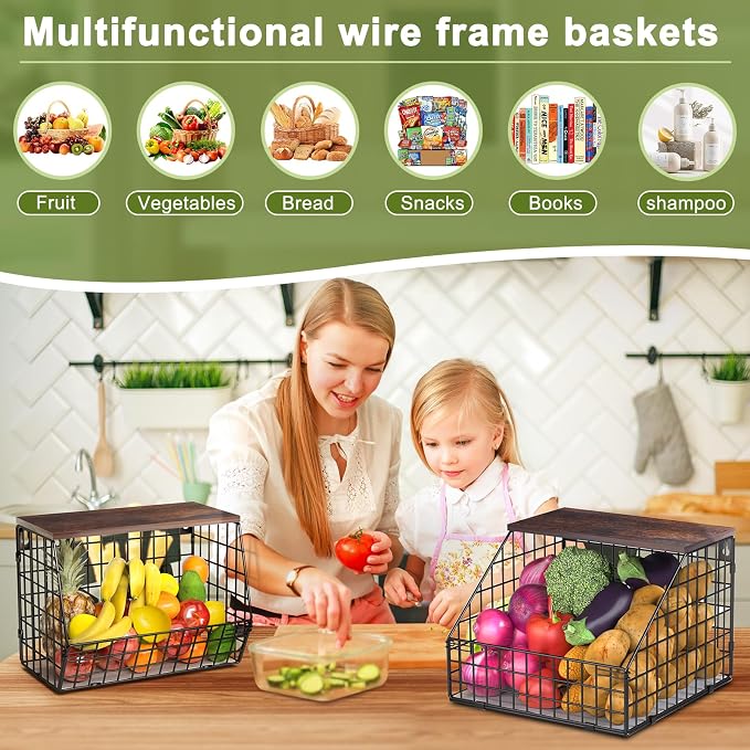 Fruit and Vegetable storage, 2 Set Wall Mounted Wire Baskets, Fruit Basket for Kitchen Counter, Hanging Fruit Basket, Potato Onion Basket, Wire Basket for Organizing, Countertop Organization Pantry - Image 9