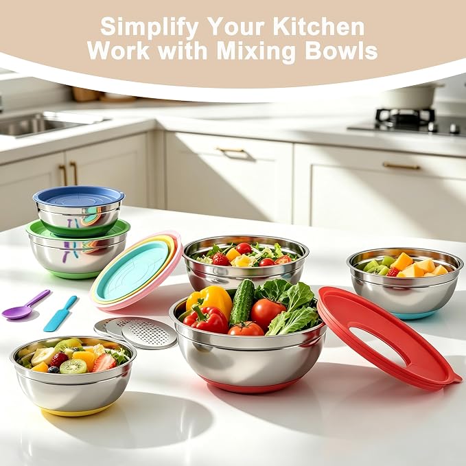 20-Piece Mixing Bowls Set with Airtight Lids – 6 Stainless Steel Kitchen Bowls (4.5QT, 4QT, 3.5QT, 2.1QT, 1.5QT, 1.1QT), 3 Grater Attachments, Non-Slip Silicone Bottoms, Perfect for Baking & Serving - Image 7