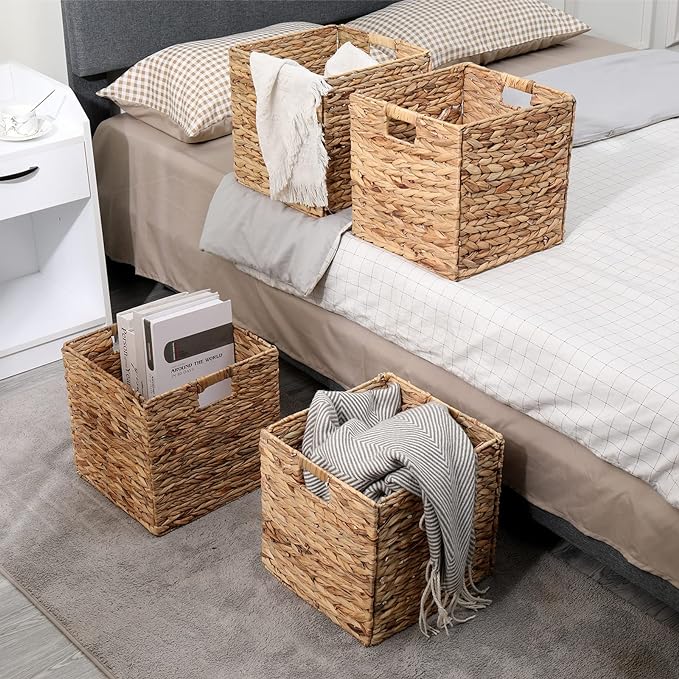 12x12in Storage Baskets 4 Pcs Water Hyacinth Baskets,Foldable Handwoven Storage Cubes - Image 6