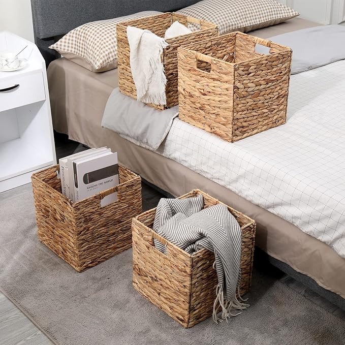 12x12in Storage Baskets 4 Pcs Water Hyacinth Baskets,Foldable Handwoven Storage Cubes - Image 6