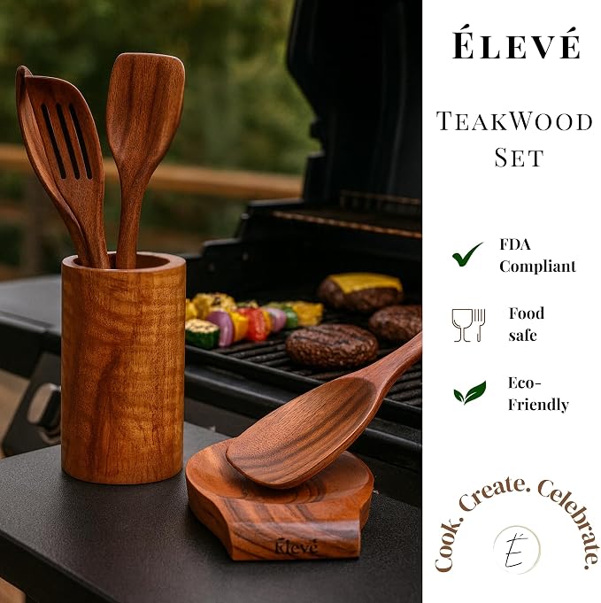 9 Piece Teak Wooden Spoons, Spatula & Ladle Set, Non-Stick Safe, Food Grade | Set of 7 Versatile Wood Spatula for Cooking & Serving, Includes Utensil Holder & Spoon Rest, Modern Kitchen Utensils & Tools - Image 9