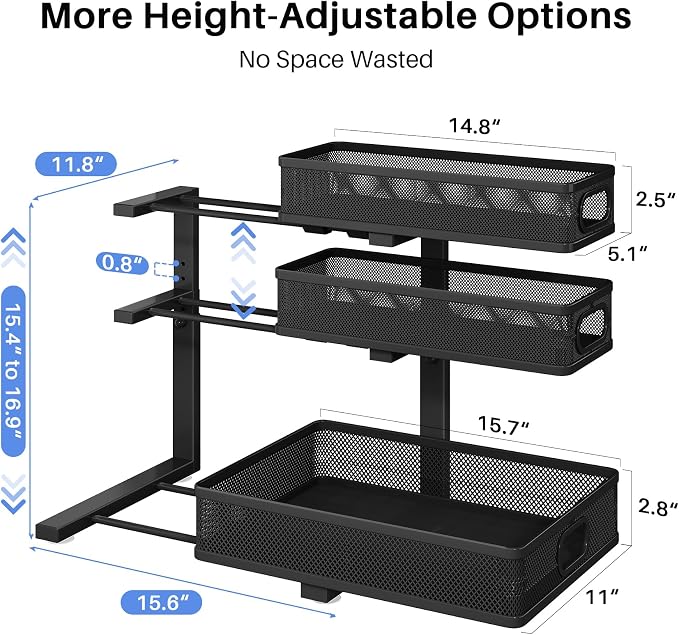 Under Sink Organizer, 3-Tier Thickened Metal Pull out Cabinet Organizer Shelf, Height Adjustable Slide out Storage Drawer Rack for Kitchen Bathroom Pantry Laundry Home Organization, 2-Pack, Black | 35% More Storage Capacity, Carbon Steel, Hold Up 55lbs... - Image 9