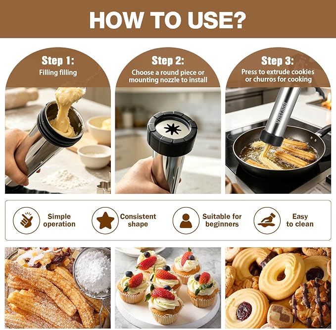 3-in-1 Cookie Press and Churro Maker, Stainless Steel Baking Gun | 11 cookie discs, 6 piping tips, filling nozzle, reusable piping bag, 2 cleaning brushes, for cookies, churros and icing - Image 7
