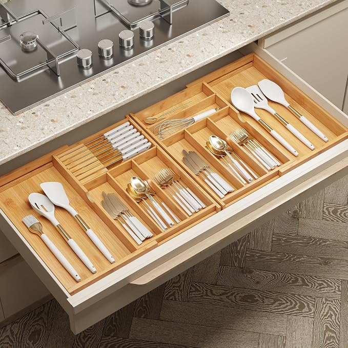 BAMEOS Expandable Silverware Drawer Organizer with Removable Knife Blocks, Bamboo Kitchen Utensil Holder from 21" to 36", Large Cutlery Tray with Divider for Forks, Spoons, Knives - Image 7