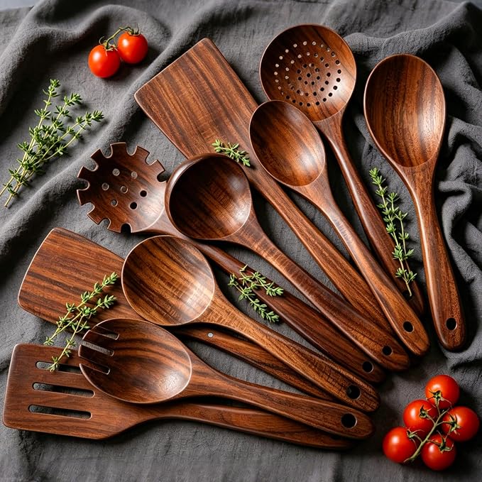 10PCS Wooden Utensil Set for Cooking, Non Toxic Wood Kitchen Utensils Set with Spatula & Wooden Spoons for Cooking, Dishwasher Safe Teak Wood Cooking Utensils for Non Stick Cookware - Image 7