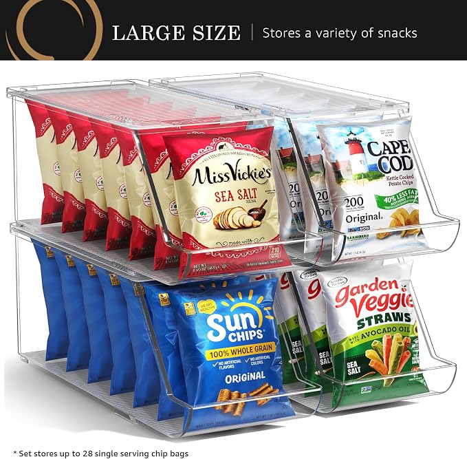 Sorbus Stackable Snack Organizer Bins Open Front – Clear Pantry Storage Bins for Chips, Snacks & Food Pouches – Kitchen Pantry Organizer (4 Pack) | Open Front, Clear, For Chips, Snacks & Food Pouches, Pantry Storage - Image 7