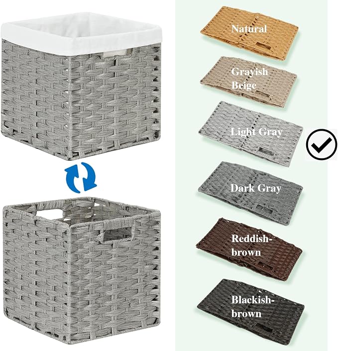 Bidtakay Wicker Cube Baskets with Liners Cube Storage Organizer for Shelves Closet 11 inch 4 Pack Decorative Hand-Woven Imitation Wicker Storage Bins for Organizing Pantry Bedroom Light Grey - Image 9