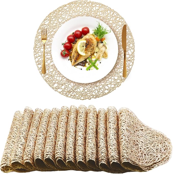 Sieral 48 Packs Gold Round Placemats 15 Inch Hollow Out Pressed Vinyl Place Mats Heat Resistant Woven Gold Placemats for Christmas Dinner Table Winter Holiday Party Wedding Centerpiece Decoration - Image 8