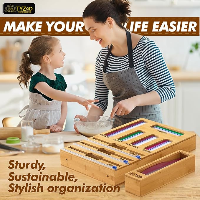 9-in-1 Bamboo Storage Bag Organizer with Cutter, Kitchen Drawer & Wall Mount Storage for Foil, Plastic Wrap, Gallon, Quart, Sandwich, Snack & Freezer Bags, Fits Rolls ≤12” Long, ≤2” Diameter - Image 6