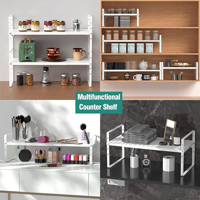 SUZLON Expandable Cabinet Shelf Organizer Rack, Stackable Kitchen Counter Storage Shelves Stand, Adjustable Height Pantry Shelf Spice Rack, Heavy Duty Nonslip White Small 3Pack - Image 4