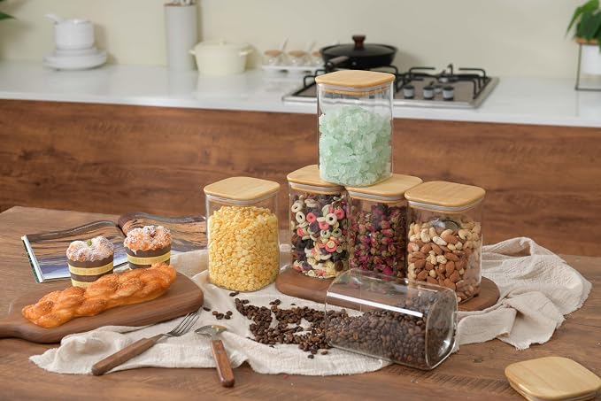D2scrma 37oz Airtight Glass Square Storage Canisters with Bamboo Lid Set of 6 (1100ml) Stackable Containers, Kitchen Jars for Pantry Noodles, Flour and Coffee beans (with Black Lable) - Image 8