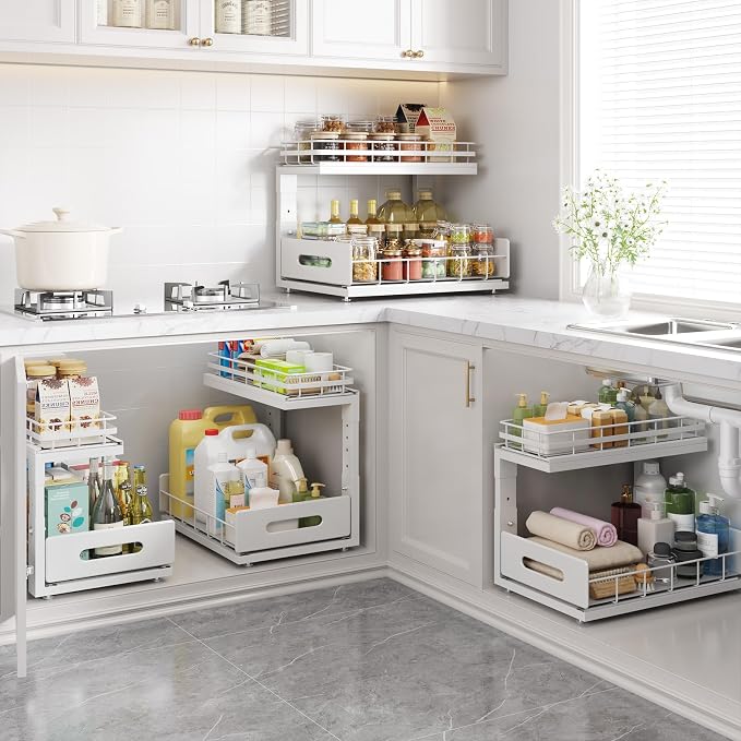 Under Sink Organizer Upgrade To Professional Rails,2-Tier Dual Pull Out Cabinet Storage,Height Adjustable Slide Out Drawers For Bathroom Kitchen,2 Pack-14.5" Dx12.8-16.9" H,White - Image 8