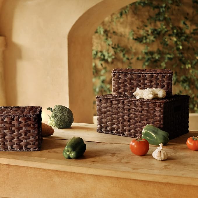 Granny Says Wicker Baskets with Lids, Decorative Storage Boxes With Lids | Woven Baskets With Lids, Wicker Baskets For Storage, Decorative Storage Boxes, Woven Stackable Basket with Lid for Organizing - Image 8