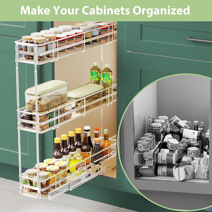 Pull Out Spice Rack Cabinet Organizer 6" W x 20½" D, 3 Tier Heavy Duty Slide Out Wood Shelf for Narrow Cabinet, Pull Out Storage for Kitchen - Image 7