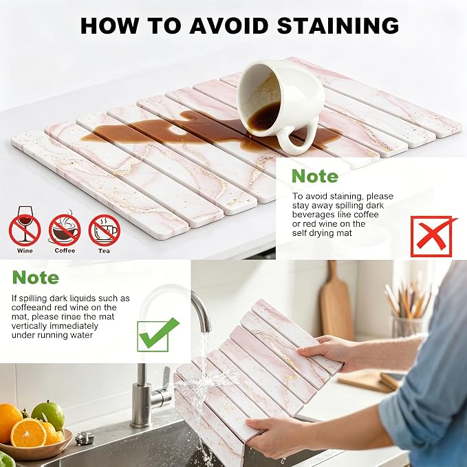 Stone Drying Mat for Kitchen Counter, Quick Diatomaceous Earth Mats for Dishes, 24"L x 16" W Super Absorbent Fast-Drying Collapsible Countertop Stone Mat (Marble White-07, 24" x 16") - Image 6