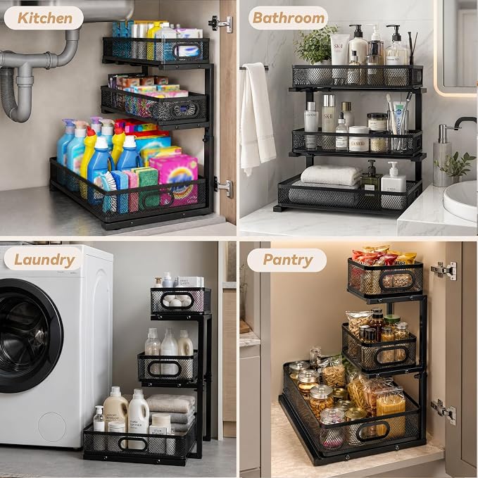 3-Tier Under Sink Organizer 2-Pack Organization for Bathroom Kitchen,Black | Thickened Metal Pull Out Cabinet Shelf Height Adjustable Slide Out Drawer Storage Rack for Pantry Laundry Home Office - Image 8