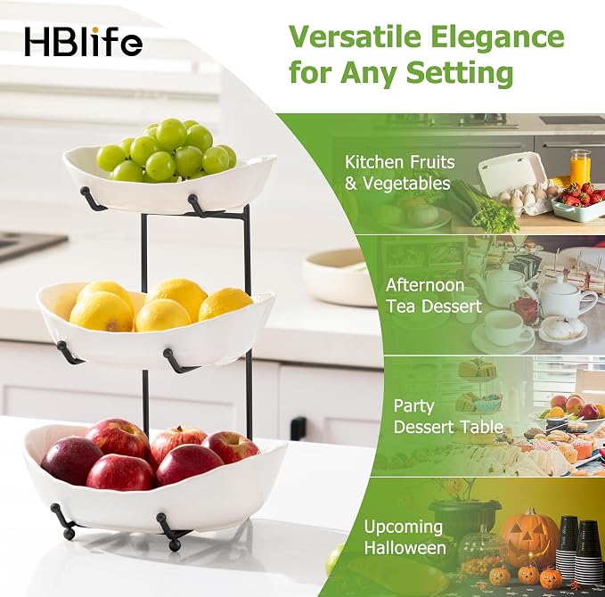 HBlife Fruit Bowl for Kitchen Counter - 3 Tier Ceramic Fruit Rack, Fruit Basket for Fresh Fruit&Veggies, Tiered Fruit Platter Serving Trays for Party - Image 6