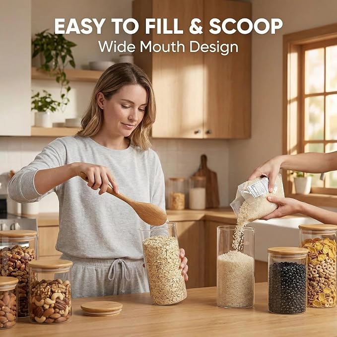 Airtight Glass Storage Containers with Lids 8 Pack, 25/37 /50oz Square Glass Jars with Bamboo Lids, Kitchen Canister Set for Pantry Organization Food Storage for Flour Sugar Rice Pasta Cereal - Image 7