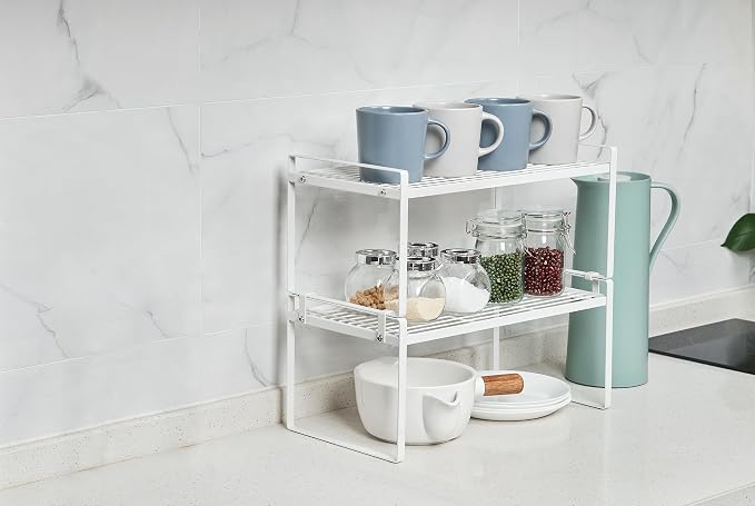 Shantton Cabinet Shelf Organizer, Pantry Shelf Rack, White 16.1x10.6x7.3 | 2-Pack Stackable Metal Riser Holds 40LBS with Non-Slip Feet for Kitchen Pantry Bathroom Countertop Freezer Cupboard - Image 8