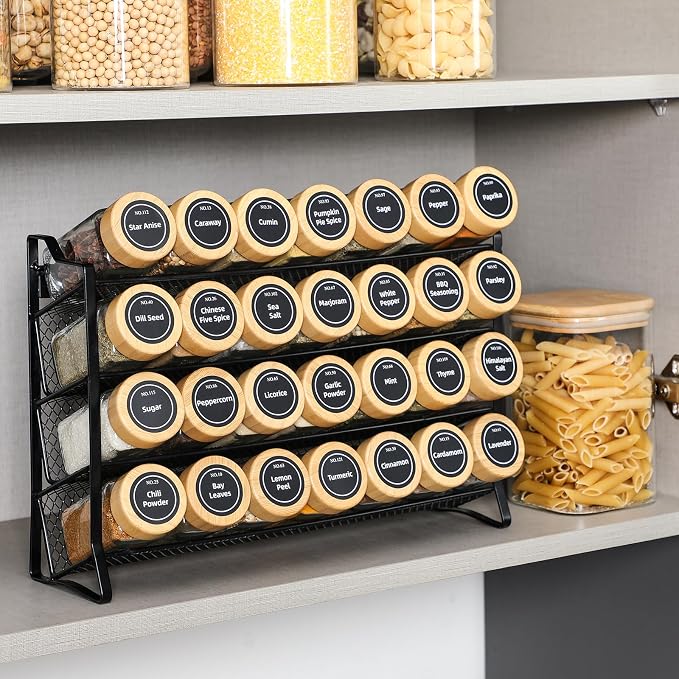 AOZITA Spice Rack Organizer for Cabinet, 28 Empty Spice Jars with Bamboo lids, Funnel, Spice Labels, Seasoning Organizer for Countertop, Cabinet, Kitchen, Pantry, Cupboard - Image 5