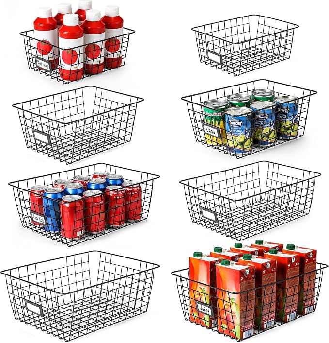8 Set, Extra Large Wire Baskets for Organizing with Lables, Cabinet Pantry Organization and Storage Bins - Metal Basket for Kitchen, Laundry, Garage, Fridge, Bathroom Countertop Organizer, Black - Image 8