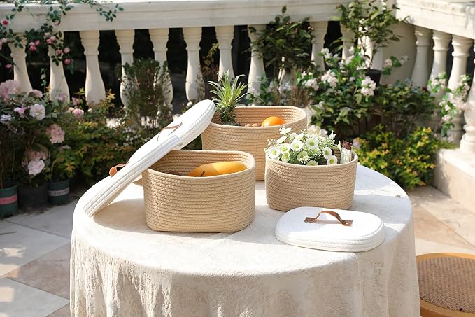 Set of 3 Nesting Woven Storage Baskets with Lids, Cotton Rope Decorative Basket Set for Shelf Closet Living Room Organizing, Rectangular Beige & White - Image 9