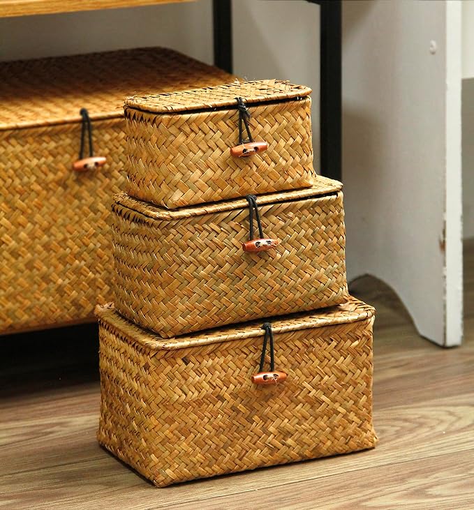 FEILANDUO Shelf Baskets with Lid Set of 3 Handwoven Seagrass Storage Box Wicker Basket Desktop Makeup Organizer Multipurpose Container (Original (S/M/L) - Image 7
