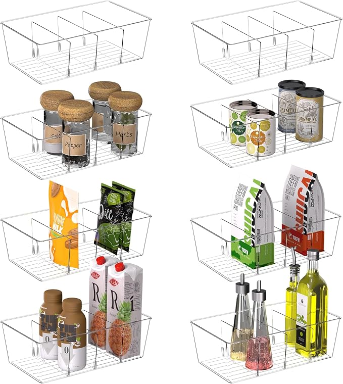 STARLATTA Kitchen Organizers and Storage Bins with Removable Dividers,8 Pack Clear Plastic Storage Bins,Fridge Organizer Bins Pantry Storage Containers for Fruits,Snacks,Tea Packets,Spice Packets - Image 7