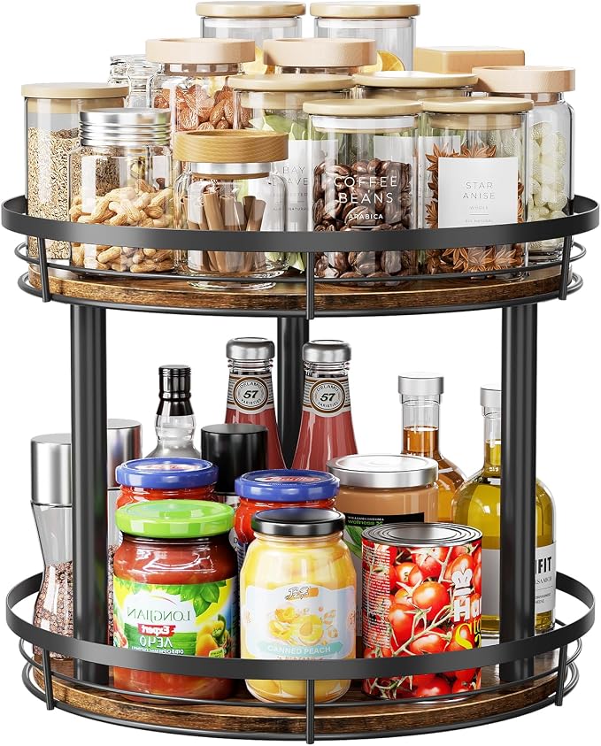 LAMU 12'' Wood Lazy Susan Spice Rack Organizer, 2 Tier Spice Organization for Cabinet, Countertop, Kitchen, Table Top, Pantry, Condiment and Seasoning Rack Organizer - Image 9