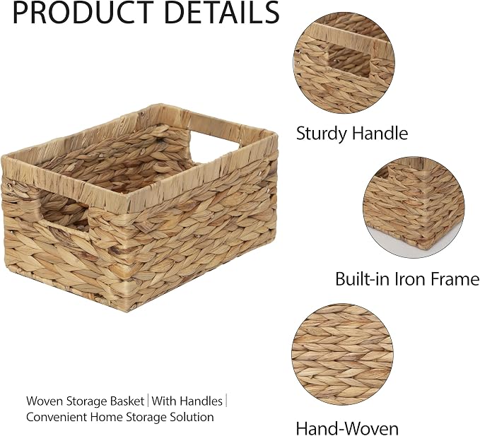 Woven Natural Water hyacinth basket Rectangular organizer basket with Handle for Desktop, Bathroom, Entryway,Kingwillow.(Small) - Image 9