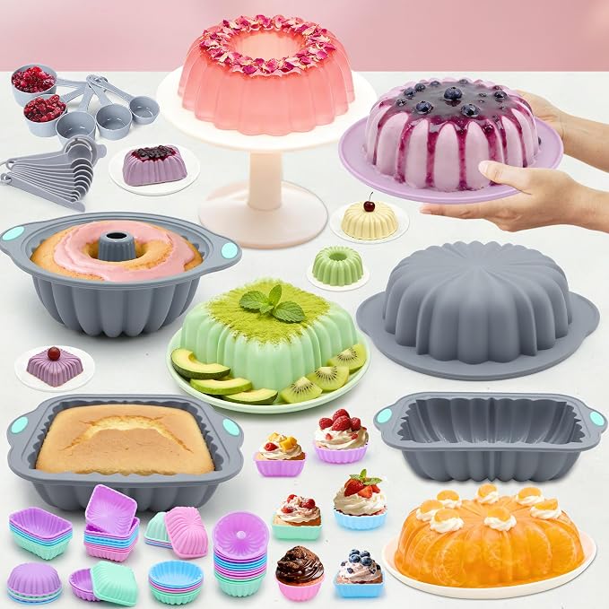 69 Pieces Silicone Baking Set, Non-Stick Bakeware Set with Cake Pans, Muffin Cups, Food Grade Silicone Baking Molds for Cakes, Bread, Muffins, Brownies, Light Grey - Image 8