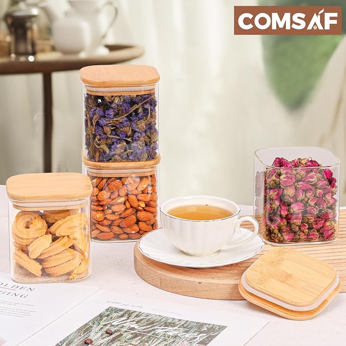 ComSaf Square Glass Containers with Lids 0.7 Qt, Set of 6 Pantry Galss Jars | Glass Storage Containers with Lids, Small Canisters, Spice Jar, Bamboo Lid with Silicone Seal, Size For Subpackage, BPA Free - Image 9