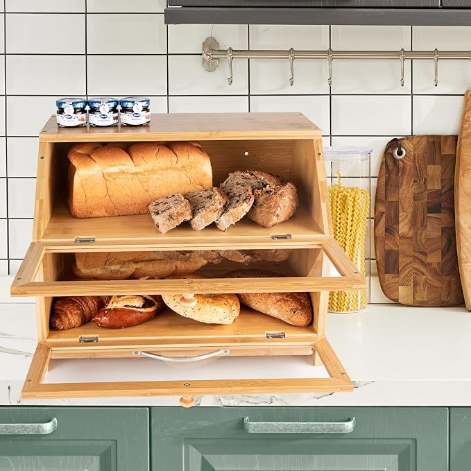 MAISONPEX Double Layer Bamboo Bread Box for Kitchen Countertop, Cutting Board, and Stainless Steel Bread Knife, Large Capacity Storage Container with Clear Windows (Self-Assembly) - Image 6