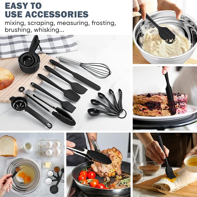 E-far Mixing Bowls with Airtight Lid Set, 25PCS Stainless Steel Nesting Prep Bowls with Grater Attachments Non-Slip Bottoms for Cooking, Baking, Serving, Food Storage, 4.6/2.6/2/1.5/1/0.7QT - Black - Image 7