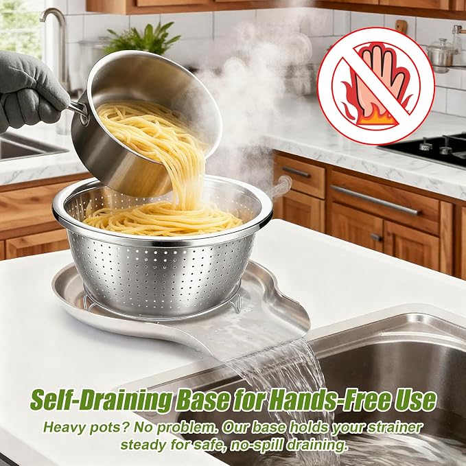 Palksky Stainless Steel Colander Set with Self-Draining Base, 3 Sizes Colanders & Food Strainers for Pasta, Rice, Fruits & Veggies, Metal Colander with Draining Plate for Sink or Countertop - Image 8