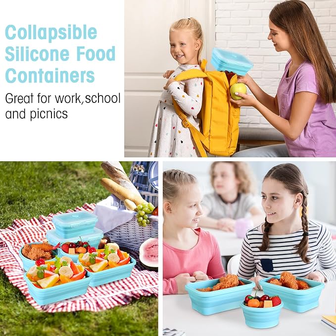 Yaomiao 16 Pack Collapsible Food Storage Containers with Lid Air Vent Foldable 8 Rectangle Storage Bowl and 8 Round Silicone Food Bow for Lunch Camping Rv Accessories Microwave Freezer(Blue) - Image 7