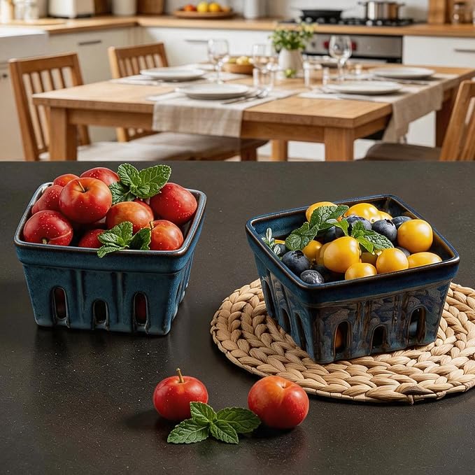 Ceramic Berry Basket, 6" Colander Set of 2 with Holes | Drainage holes help excess water flow away after washing berries, grapes, cherries, tomatoes, and fresh fruit - Image 9