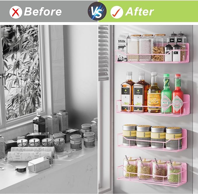 Magnetic Spice Rack for Refrigerator, 4 Pack Metal Strong Magnet Spice Organizer Shelves, Magnetic Fridge Shelf for Kitchen Seasoning Organizer Gadgets, Home Organization and Storage (Pink) - Image 7