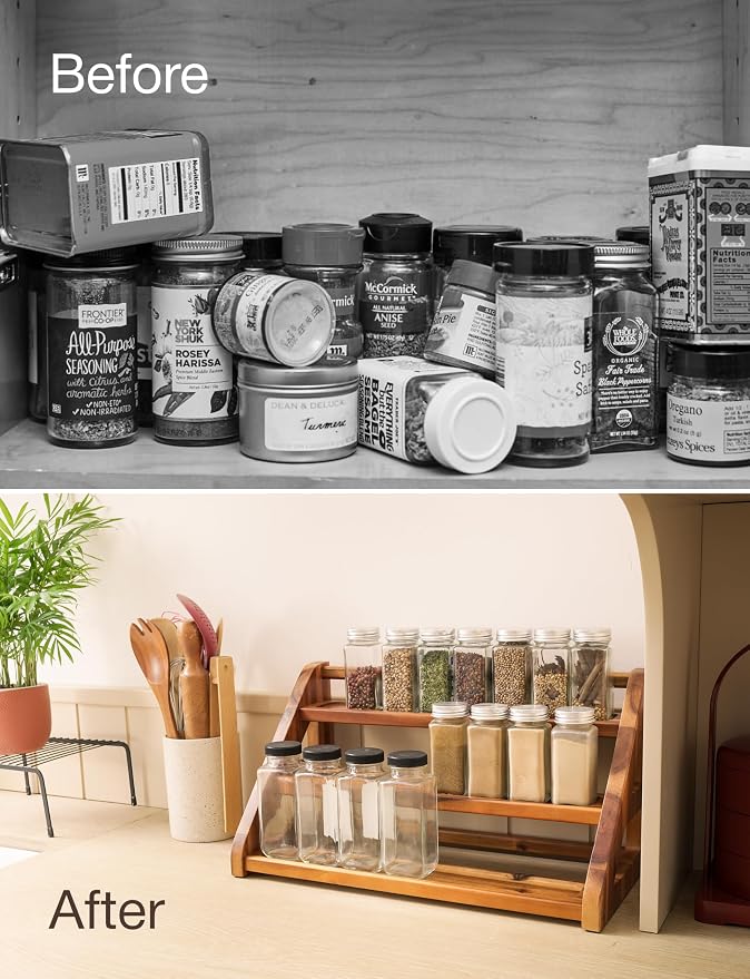 Tinamo Acacia Wood Spice Rack for Countertop - Wooden Tray Holds 24 Jars Spice Racks Organizer for Storage Shelf - 3 Tiered Spice Rack Organizer for Cabinet - Spice Shelf for Kitchen Pantry (Acacia) | Acacia Wood, 3-tier Spacious Design for 24 Spice Ja... - Image 6