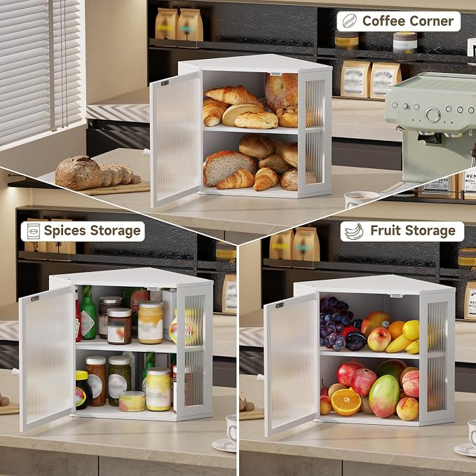 Corner Bread Box for Kitchen Countertop,Bread Storage Bin (White, Medium) | Double Layer Large Capacity Bamboo Bread Container with Acrylic Door,Height Adjustable - Image 8
