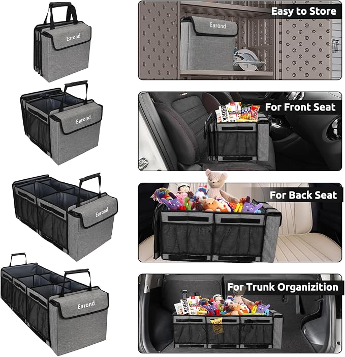 Collapsible Trunk Organizer with Insulated Leakproof Cooler Bag,Removable Lid,Adjustable Securing Straps,3 Compartments Trunk Organizer for SUV,Truck,Sedan(Light Grey) - Image 7