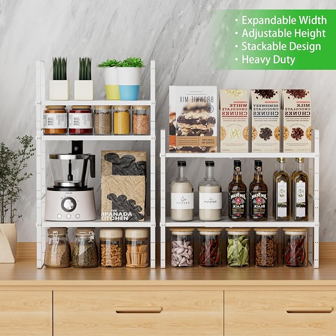 Expandable Cabinet Shelf, Stackable Organizer Rack, White Large 2 PK | Adjustable Fit, Stackable Height Options, Nonslip Base, Larger Capacity, Cabinet/Pantry Organization - Image 6