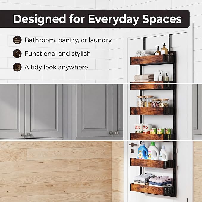 6-Tier Over the Door Pantry Organizer, 2-in-1 Door Hanging or Wall Mounted Spice Rack, Space Saving Metal Storage Shelves with Adjustable Baskets for Kitchen, Closet, Bathroom - Image 9