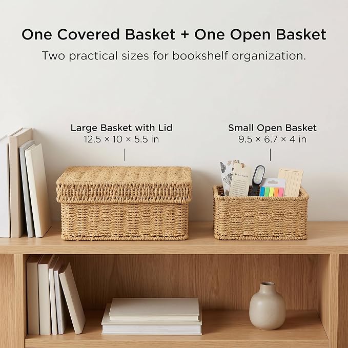 Wicker Storage Basket with Lid for Shelves, Set of 2, Natural | One rectangular wicker basket with lid and one open basket for decorative shelf storage; removable lid flips into a tray. - Image 7