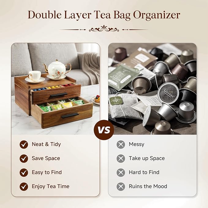 Acacia Wood Tea Bag Organizer - Double-Drawer Tea Box(21-Compartment) | With Gift Box, Countertop Tea Station Caddy for Home Office & Cabinet - Image 7