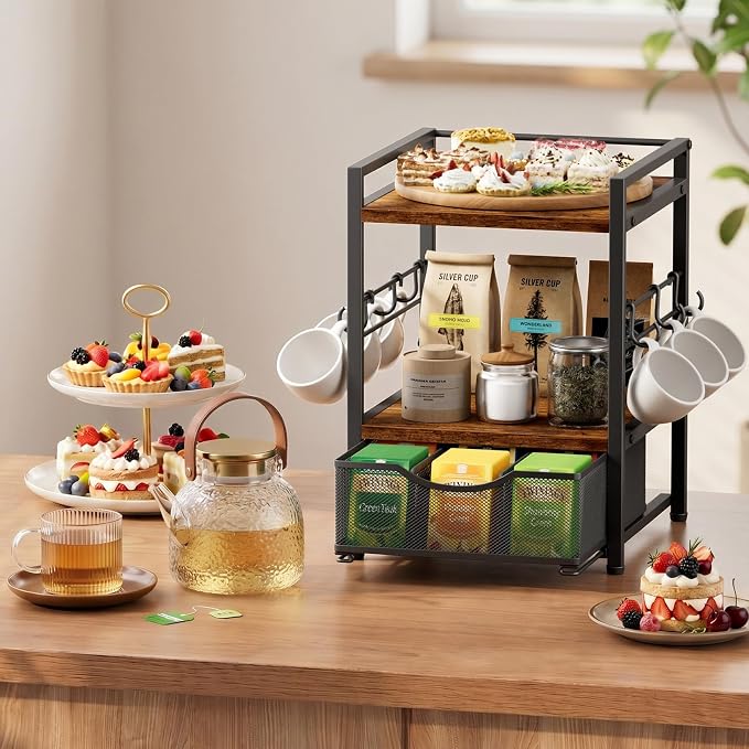 Plaviya 3-Tier Tea Bag Organizer with Drawer for Countertop | Tea Bag Holder and Storage, 9 Compartments, 6 Hooks for Cup, Utility Tea Box, Office, Kitchen, Rustic Brown - Image 8