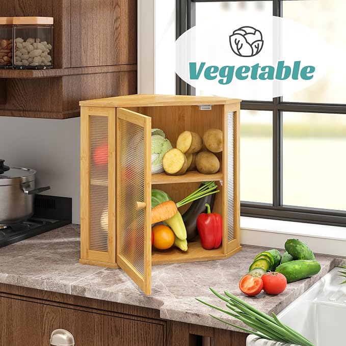 Corner Bread Box, Large Bamboo Bread Box for Kitchen Countertop, 2 Tier Wooden Bread Storage (Natural, Large) - Image 9