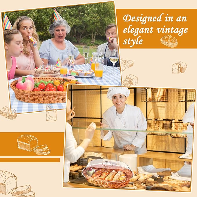 Hushee 2 Set Imitation Rattan Bread Basket with Lid Wicker Bread Baskets for Serving Woven Fruit Basket with Cover Oval Food Baskets for Food Vegetables Display(15.75 x 11.81 Inch) - Image 7