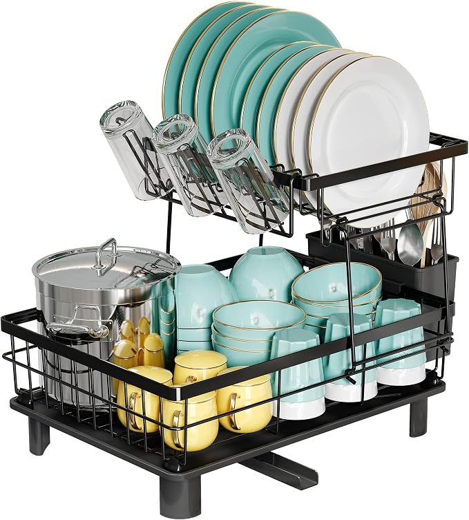 Large Capacity Dish Drainers Drying Rack for Kitchen Counter, Metal Stainless Steel Rust Proof Plate Strainers Holder On Countertop with Drainboard Tray, Space Saving, Aesthetic Modern by Romision